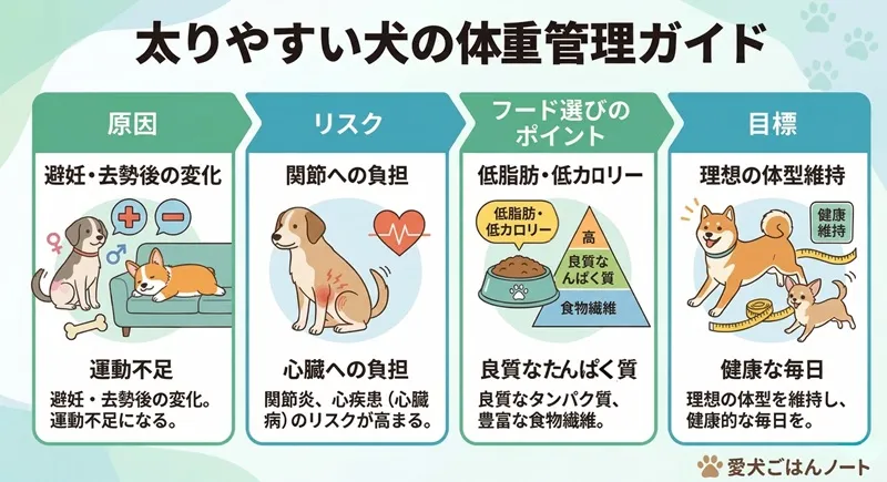 太りやすい犬の体重管理のための、原因、リスク、フード選びのポイント、目標のスリム体型を説明する図解イラスト。