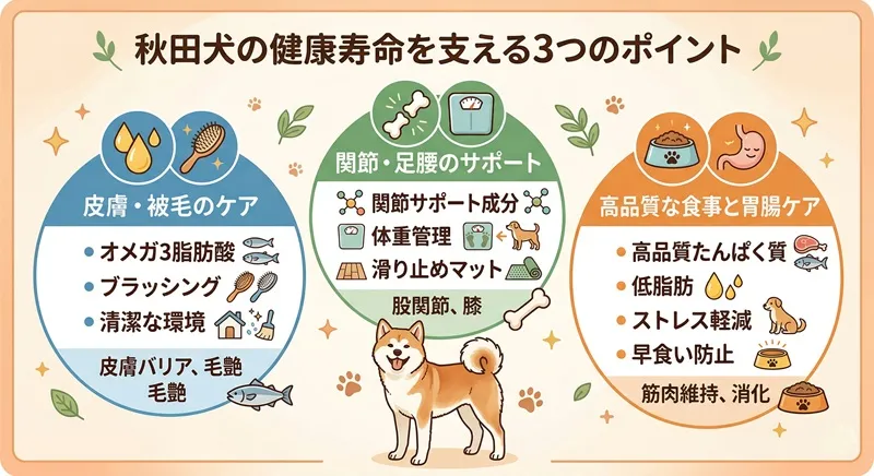 秋田犬の健康寿命を支える3つのポイント（皮膚・被毛ケア、関節・足腰サポート、高品質な食事と胃腸ケア）を、アイコンとイラストでわかりやすくまとめた図解イラスト。