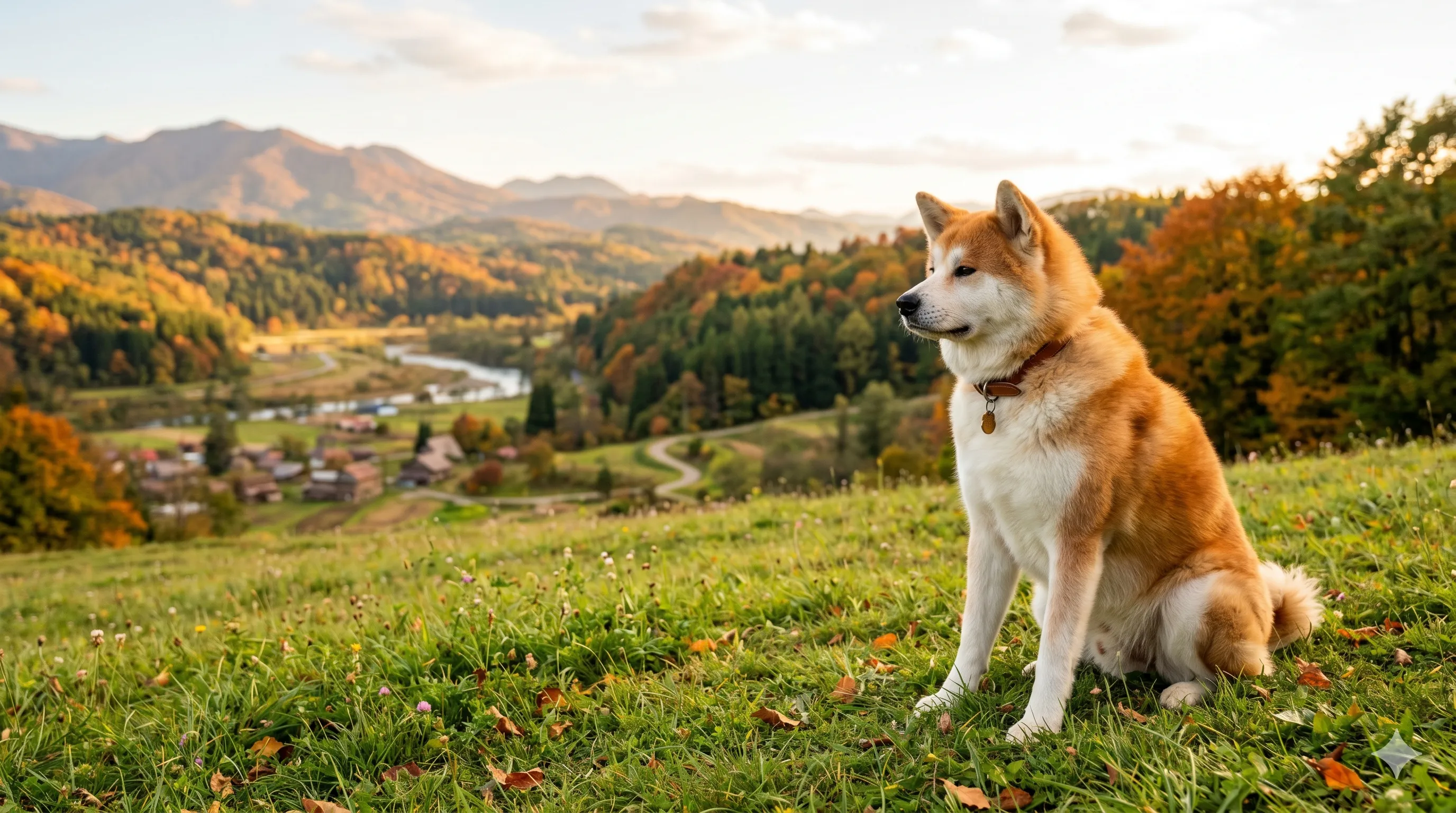 秋の美しい自然の中で穏やかに座っている秋田犬