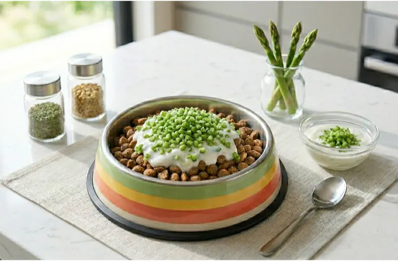 細かく刻んだアスパラガスと無糖ヨーグルトを和えた特製ソース風トッピング