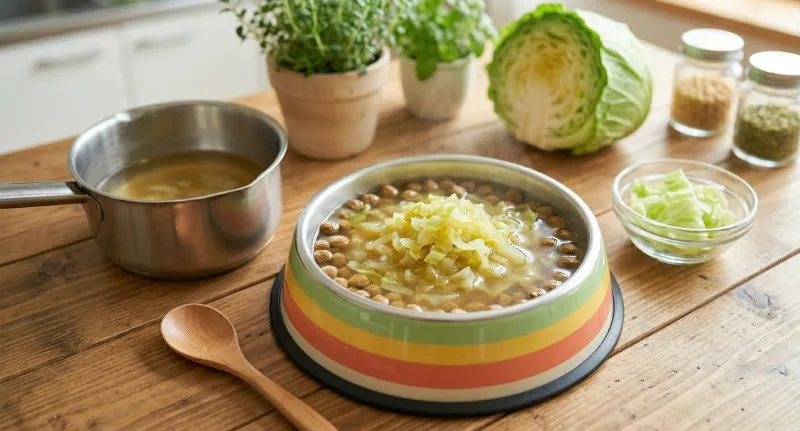 細かく刻んだキャベツと鶏肉の茹で汁を合わせたスープ仕立てのドッグフード
