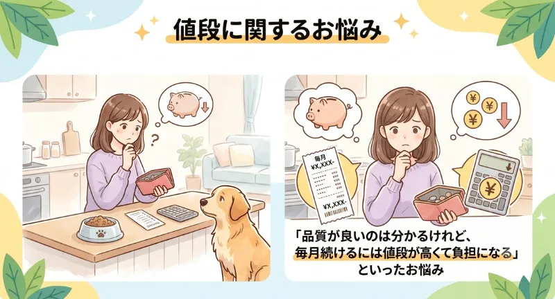 カナガンドッグフードの値段の高さに悩む飼い主さんの様子を表したイラスト