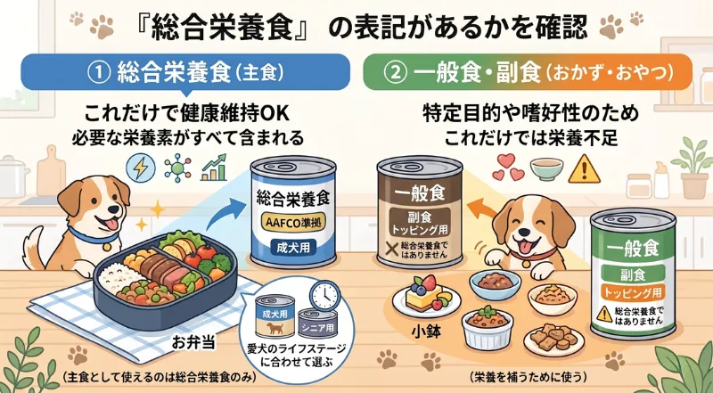 ドッグフードの総合栄養食と一般食の役割の違いを比較した図解。