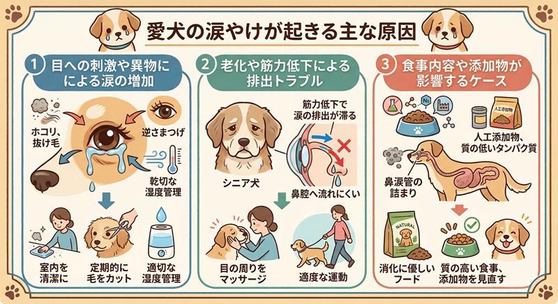 愛犬の涙やけが起きる3つの主な原因（目への刺激、老化や筋力低下、食事内容や添加物）とそれぞれの対策を図解したイラスト