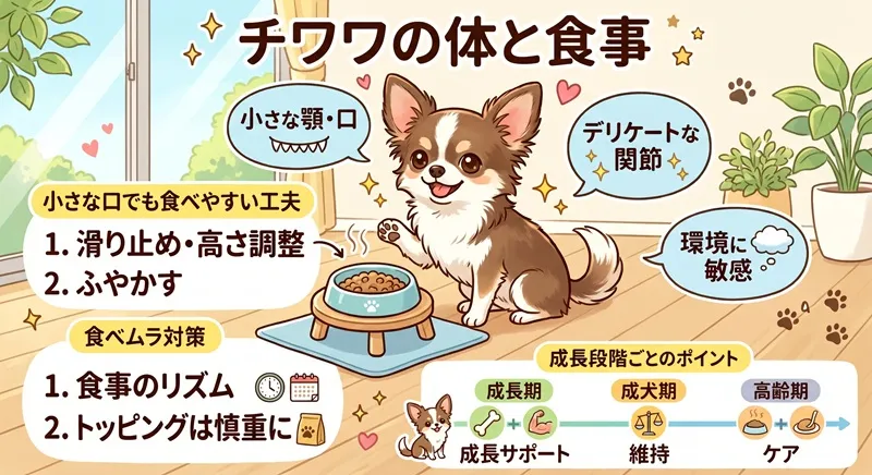 チワワの体の特徴と食事のポイント(小さな顎でも食べやすい工夫や食べムラ対策など)をまとめた図解イラスト