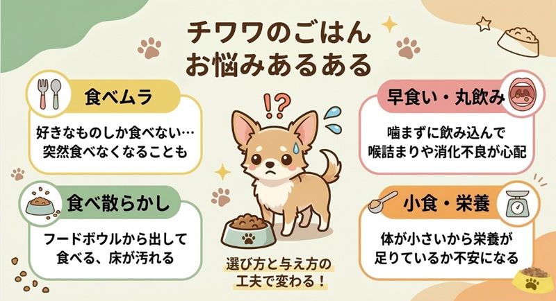 愛犬のチワワのごはんでよくある悩み（食べムラ、早食い、小食など）をまとめた図解