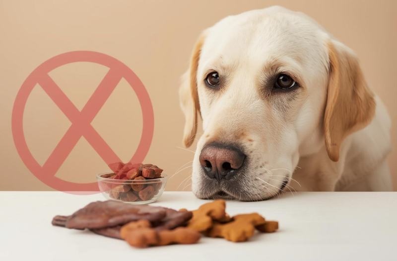 犬の慢性肝炎で避けたい食べ物(市販のジャーキーや脂っこいおやつ)とNGマーク。食事管理をイメージしたラブラドールレトリバー