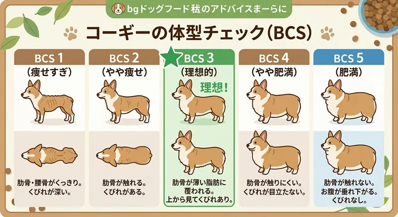 コーギーのボディコンディションスコア（BCS）5段階図解。痩せすぎから肥満まで、上と横から見た体型の特徴をイラストで比較した表。