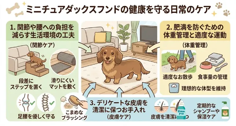 ミニチュアダックスフンドの健康を守る3つの日常ケア（関節ケア・体重管理・皮膚ケア）をまとめた図解イラスト。