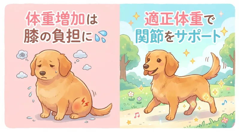 体重増加で膝に負担がかかる様子と、適正体重で関節をサポートして元気に歩くミニチュアダックスフンドの図解イラスト