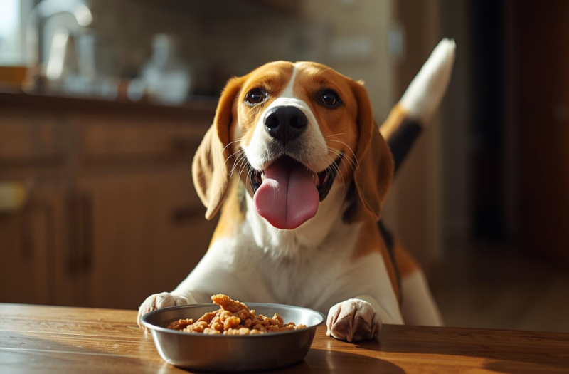 デビフの缶詰をごちそうを前にしてペロッと舌を出すビーグル犬