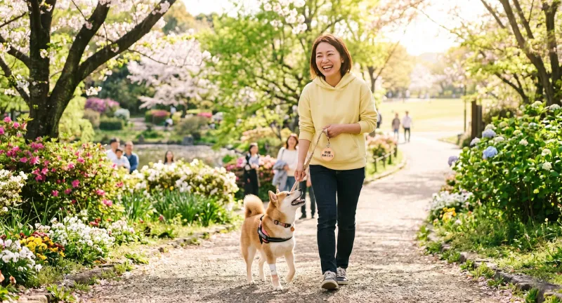 去勢・避妊手術から回復し、飼い主と笑顔で公園を散歩する愛犬