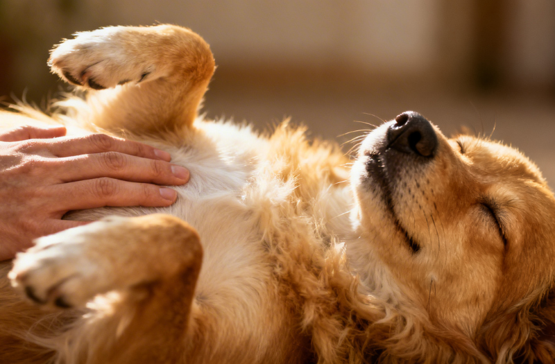 飼い主さんに優しくお腹を撫でられてリラックスしている犬