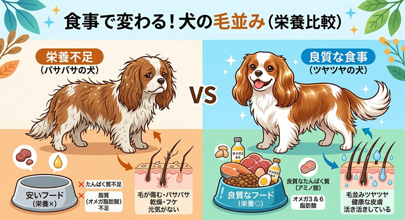 食事の栄養不足で毛並みがパサパサな状態と、良質な栄養でツヤツヤになった愛犬の比較図解
