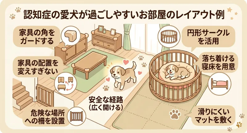 認知症の愛犬が過ごしやすいお部屋のレイアウト例。老犬のための安全な部屋作りを図解したイラスト。家具の角ガード、配置変更なし、広い安全経路、危険な場所への柵、円形サークル(寝床付き)、滑り止めマットの配置例が示されています。