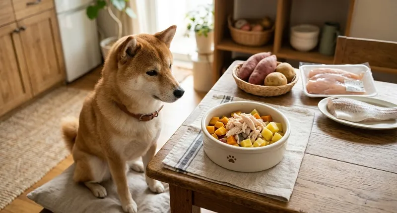 消化にいいササミや白身魚、さつまいもなどの食材と待っている柴犬
