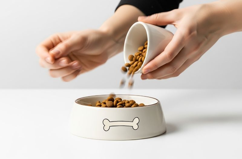 犬の食事量を調整しながらドッグフードを与える様子