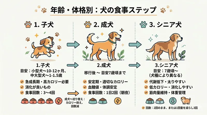 犬のライフステージ別（子犬・成犬・シニア犬）の食事回数とカロリー管理をまとめたステップ図解。愛犬の年齢に合わせた適切なご飯のあげ方がわかるイラスト。