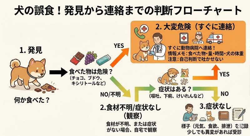 愛犬が危険な食べ物を誤食した際の判断フローチャート。発見から、食べた物の危険度チェック、症状の有無に応じた動物病院への連絡や自宅観察までの手順を解説した図。