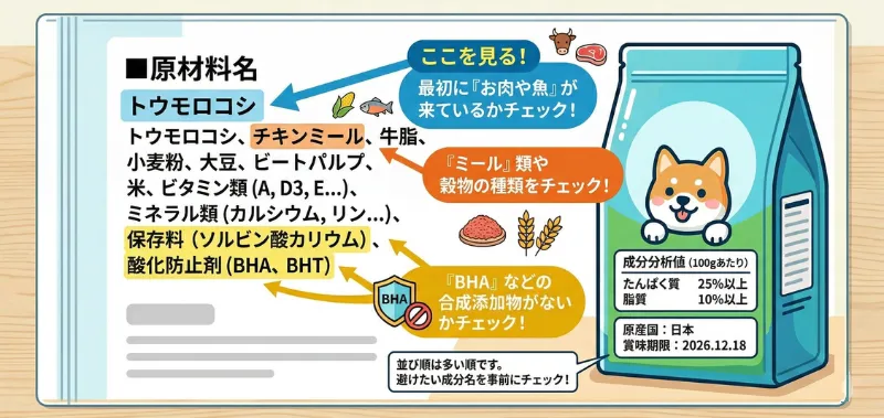 ドッグフードの成分表の読み方を解説するインフォグラフィック。原材料リストのチェックポイント（肉・魚の優先、ミール・穀物の種類、添加物の有無）を矢印と吹き出しで解説。右側には柴犬のイラスト入りドッグフードバッグ。