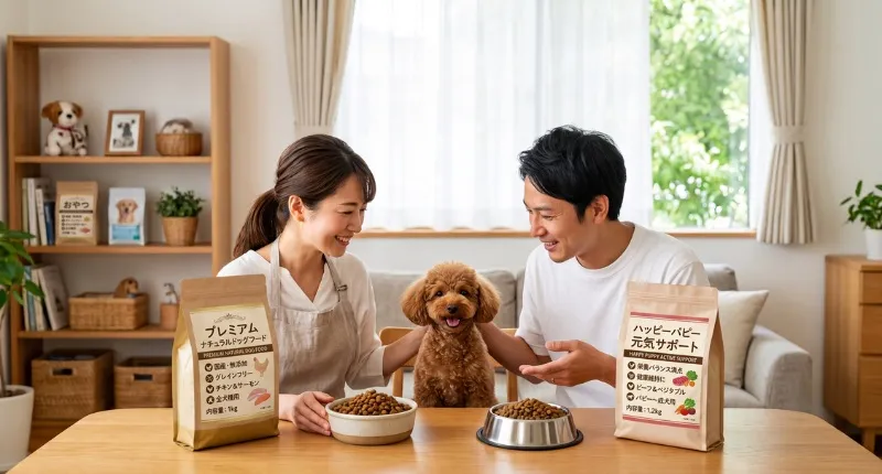 高いドッグフードと安価なドッグフードを並べ、愛犬の健康を考えて食事を選ぶ家族