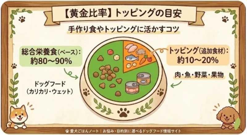 ドッグフード(総合栄養食)約80〜90%に対してトッピング(肉・魚・野菜・果物など)約10〜20%の黄金比率を解説した愛犬用ごはんのグラフ図