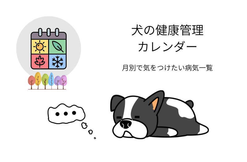 犬の健康管理カレンダーをイメージしたイラスト。四季のカレンダーアイコンと眠る犬が描かれ、月別に注意したい病気一覧を表現している。