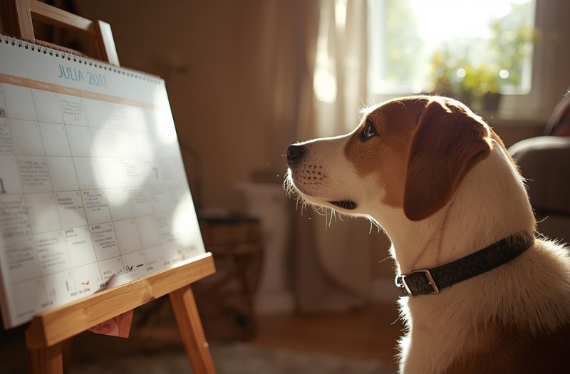 カレンダーを見つめながら去勢・避妊手術後に性格が落ち着く時期を待つ愛犬