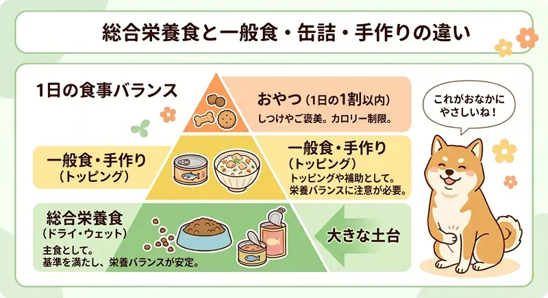 愛犬の1日の食事バランスを示すピラミッド図解。土台に主食となる総合栄養食、中間にトッピング用の一般食や手作り、一番上におやつ（1割以内）の割合を配置しています。