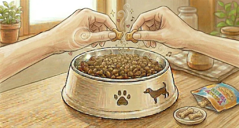 愛犬のドッグフードにおやつを割ってトッピングしている様子