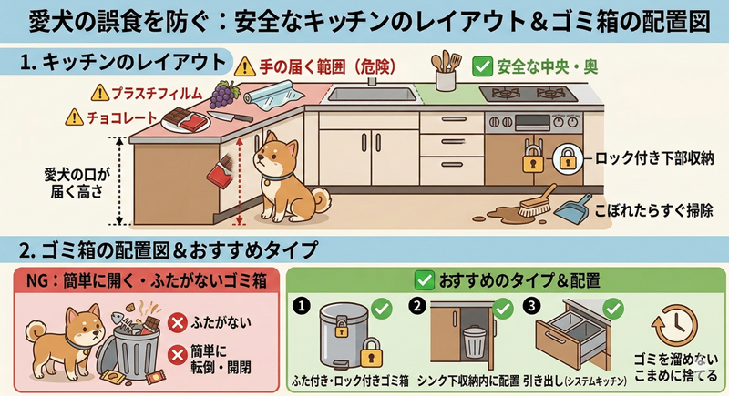 犬が危険な食べ物を食べた際の判断フローチャート。症状の有無や食材の危険度に応じた動物病院への連絡、自宅観察の基準を解説。