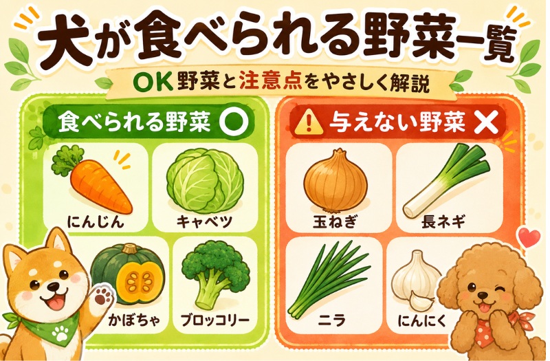 犬が食べられる野菜一覧を紹介するアイキャッチ画像。にんじん・キャベツ・かぼちゃ・ブロッコリーなどの食べられる野菜と、玉ねぎ・長ネギ・ニラ・にんにくなど与えない野菜を、かわいいイラストでわかりやすくまとめている