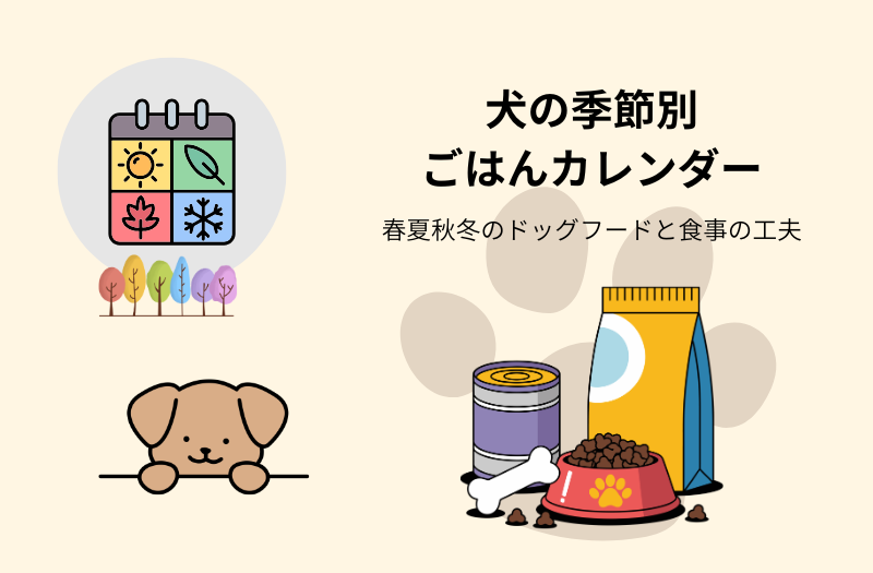 犬の季節別ごはんカレンダーのイラスト。左上に四季のアイコンのカレンダー、下には可愛い犬の顔、右にはドッグフードのパッケージや缶、ボウルが並ぶ。右上の日本語テキストは「犬の季節別ごはんカレンダー」「春夏秋冬のドッグフードと食事の工夫」と書かれている。