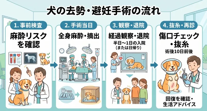 犬の去勢・避妊手術の流れ4ステップ図解（事前検査・手術当日・退院・抜糸）