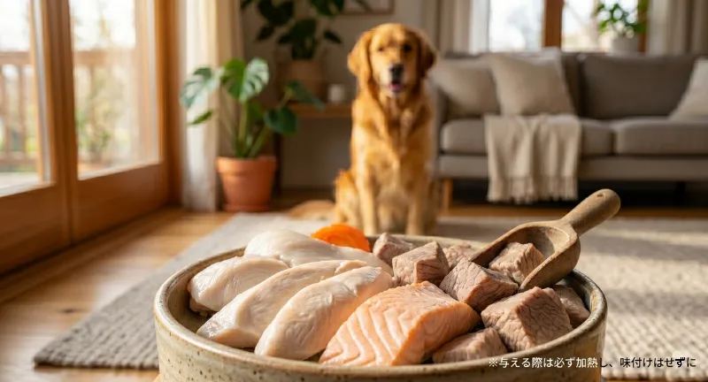 犬の毛並みケアにおすすめの良質なたんぱく質(加熱済みの鶏肉や鮭・注意書き入り)