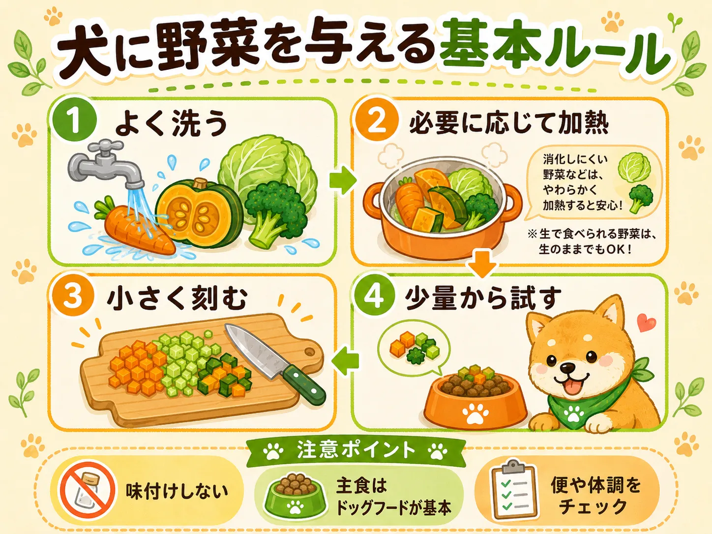 犬に野菜を与える基本ルールをまとめた図解イラスト。よく洗う、必要に応じて加熱する、小さく刻む、少量から試すの4ステップと、味付けしない・主食はドッグフードが基本・便や体調をチェックする注意点を紹介している