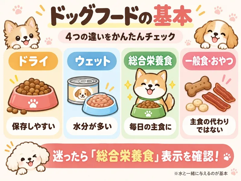ドライ・ウェット・総合栄養食・一般食やおやつの違いをまとめたドッグフードの基本図解