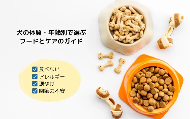 犬の体質や年齢に合わせたフード選びのポイントを紹介するガイドのイメージ画像。ドッグフードとおやつ、食べない・アレルギー・涙やけ・関節の不安などの悩みが並ぶ。