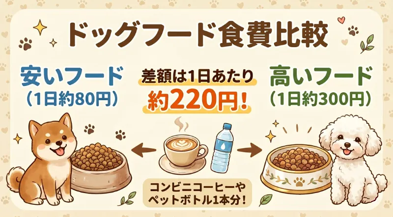 安いドッグフードと高いドッグフードの1日あたりの食費比較図