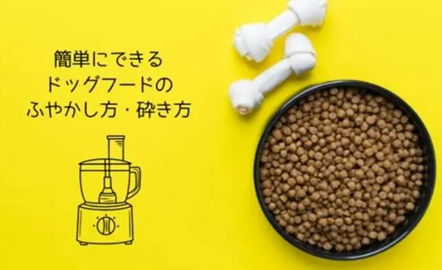「簡単にできるドッグフードのふやかし方・砕き方」を紹介するイメージ画像