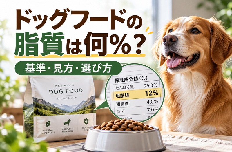 ドッグフードの脂質は何％？粗脂肪の成分表示と基準・見方・選び方を紹介するアイキャッチ画像