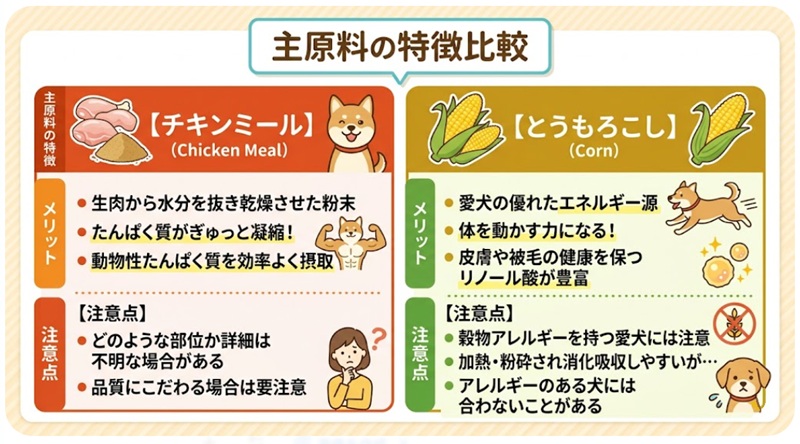 ドッグフードの主原料であるチキンミールととうもろこしの特徴、メリット、注意点を比較したインフォグラフィック。チキンミール（タンパク質凝縮）ととうもろこし（エネルギー源）それぞれの利点とアレルギー等の注意点を左右に分けて解説しています。