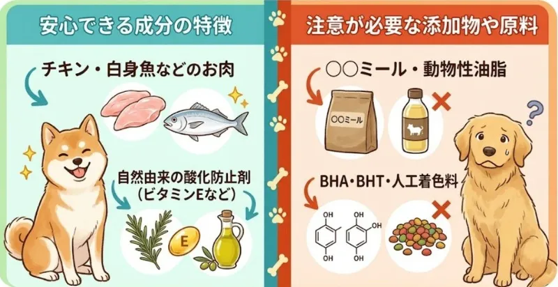 愛犬のために選びたい安心なドッグフードの成分と、避けたい成分の比較図