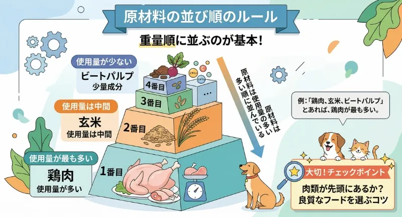 ドッグフードの原材料は使用量の多い順に並んでいることを表すピラミッド図解