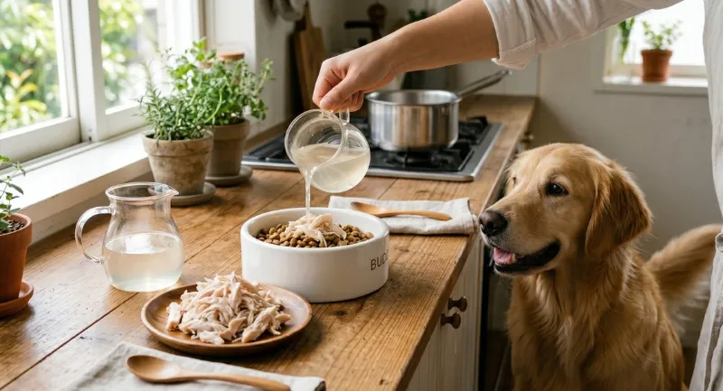 ドッグフードにほぐしたお肉をのせ、ゆで汁を注いで特製スープを作っている様子。嬉しそうにご飯を待つ愛犬のゴールデンレトリバー。