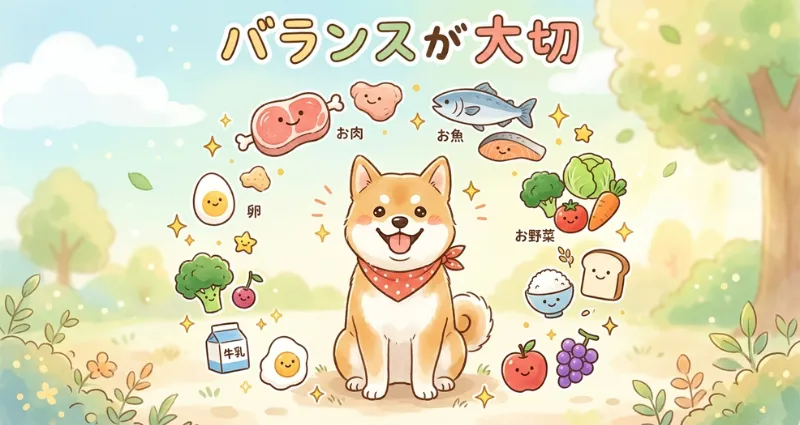 お肉や魚、野菜などの食材に囲まれた愛犬のイラスト。健康維持に必要なドッグフードの栄養バランスの大切さを表現しています。