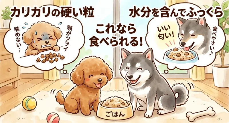硬いドッグフードに悩むトイプードルと、ふやかして柔らかくなったフードを美味しそうに食べる柴犬の比較イラスト