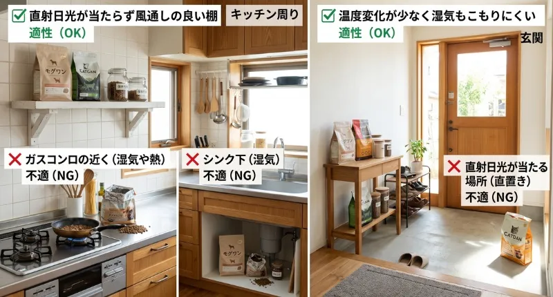 ドッグフードの保存場所の適性を解説した画像。キッチン周りの風通しの良い棚や玄関はOK、ガスコンロ近く、シンク下、直射日光の当たる直置きはNGと紹介。