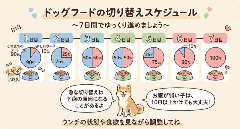 ドッグフードを7日間で切り替えるスケジュールの図解