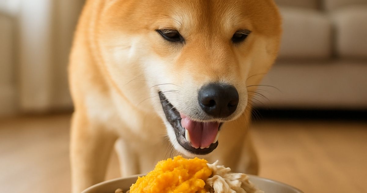ドライフードに鶏ささみとかぼちゃマッシュを少量トッピングした食事を前にする柴犬